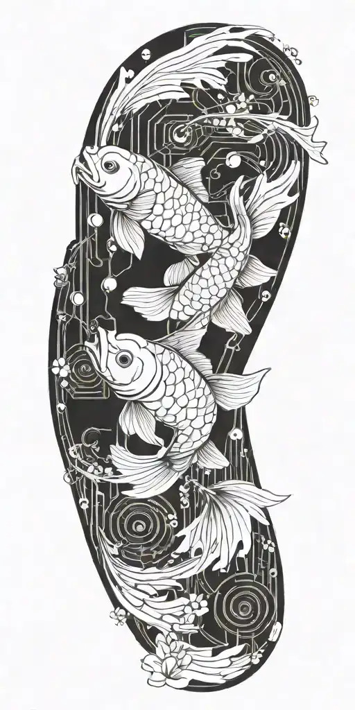 A cybernetic Japanese Koi fish swimming through a digital circuit board tattoo design idea