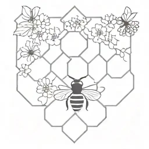 A black and grey tattoo of a bee hive with each section representing a member of your family, surrounded by intricate floral patterns tattoo design idea