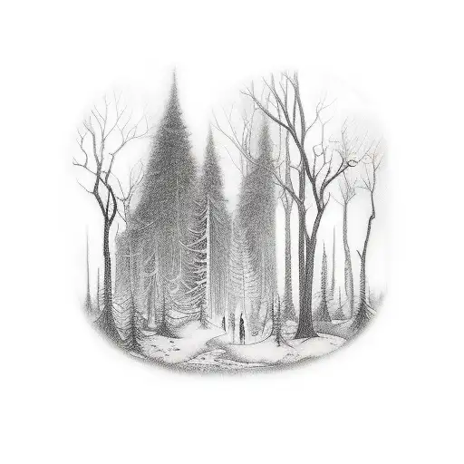 A realistic depiction of a haunted forest with ghostly figures tattoo design idea