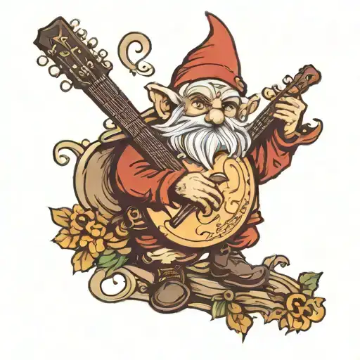 gnome with a medieval mandolin tattoo design idea