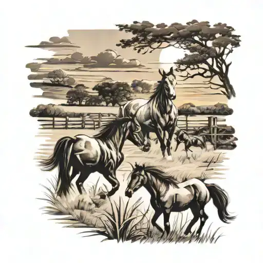 field with horses with a sunset tattoo design idea