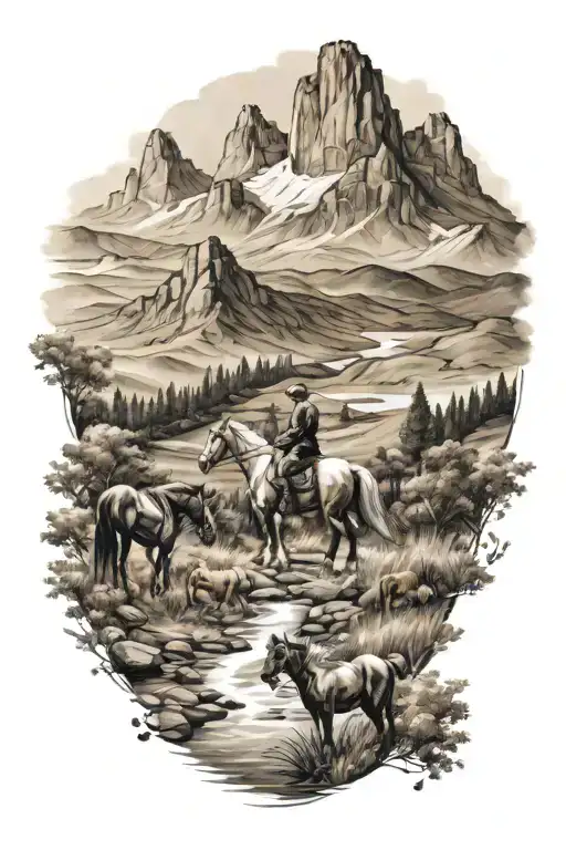 field with a river and mountains with horses tattoo design idea