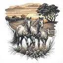 field with horses with a sunset tattoo design idea