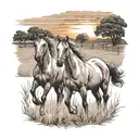 field with horses with a sunset tattoo design idea