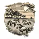 field with horses with a sunset tattoo design idea