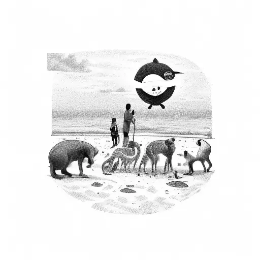 A peer mentor guiding a group of animals on a beach vacation tattoo design idea