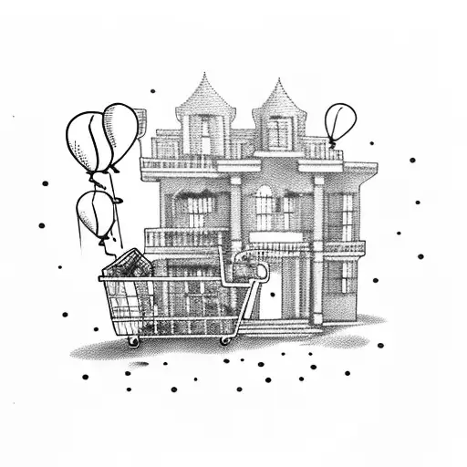A mansion with a shopping cart that has balloons attatched to it and they are sitting on top of a map tattoo design idea