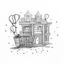 A mansion with a shopping cart that has balloons attatched to it and they are sitting on top of a map tattoo design idea