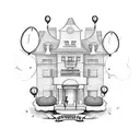 A mansion with a shopping cart that has balloons attatched to it and they are sitting on top of a map tattoo design idea