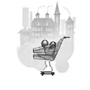A mansion with a shopping cart that has balloons attatched to it and they are sitting on top of a map tattoo design idea