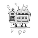 A mansion with a shopping cart that has balloons attatched to it and they are sitting on top of a map tattoo design idea