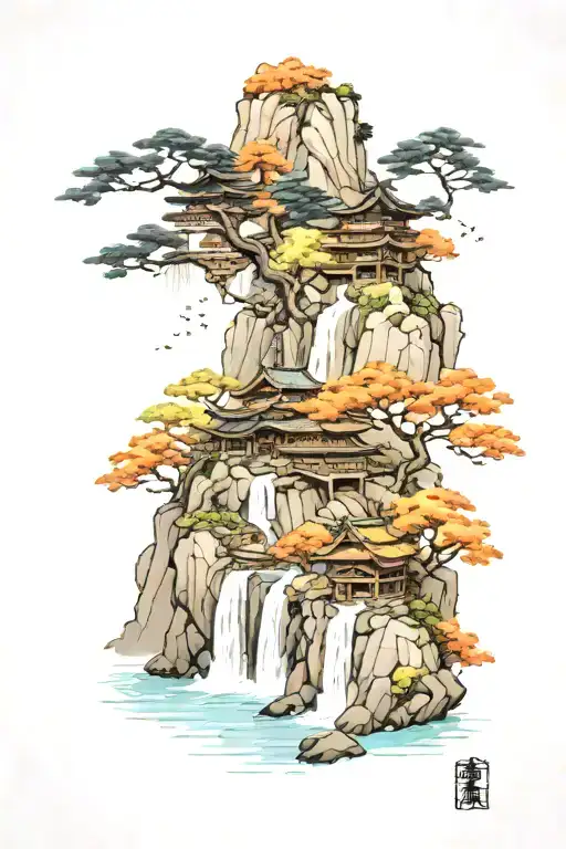 asian martial aet school surrounded by waterfalls cascading down the cliffs tattoo design idea