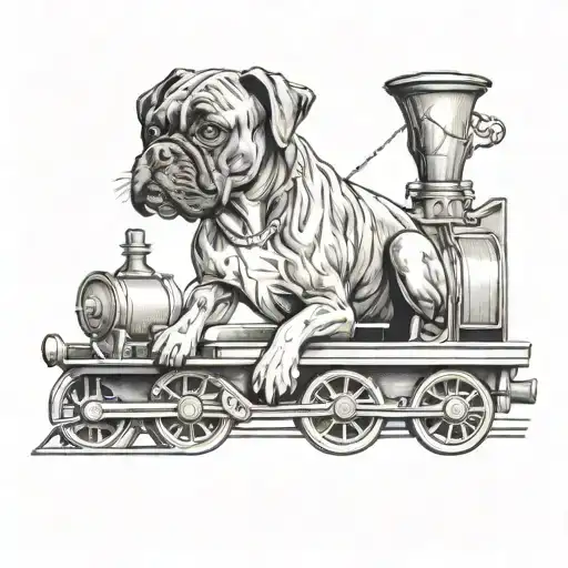 boxer dog driving a train tattoo design idea