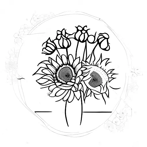 flower bouquet with sunflowers, wildflowers and dandelions tattoo design idea