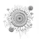 flower bouquet with sunflowers, wildflowers and dandelions tattoo design idea