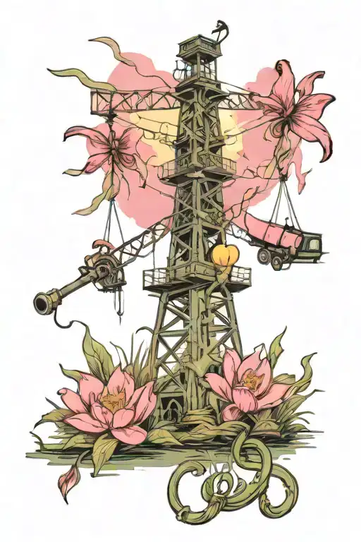 swamp scene incorporating an oil rig, breast cancer ribbon, and the dates 12/29/2004, 12/30/2014, 10/04/2004, 02/11/2022 tattoo design idea