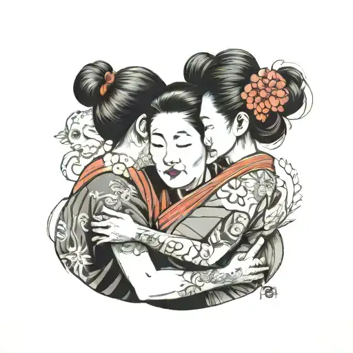 mother father and daughter hug each other tattoo design idea