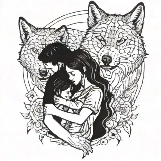 father, daughter and mother hugging each other and a wolf protecting them in background . tattoo design idea