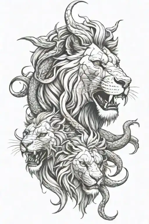 lion head and dragon intertwined representing strength tattoo design idea