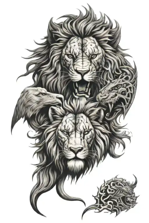 lion head and dragon intertwined representing strength and courage  tattoo design idea