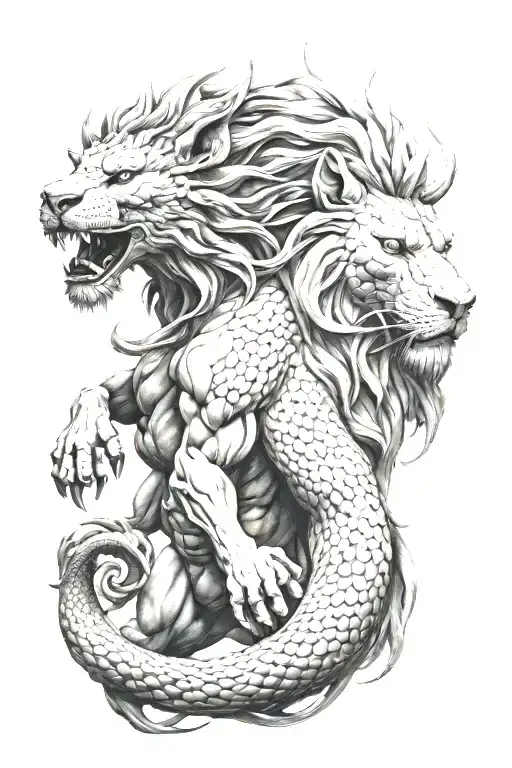 lion head and dragon intertwined representing tattoo design idea