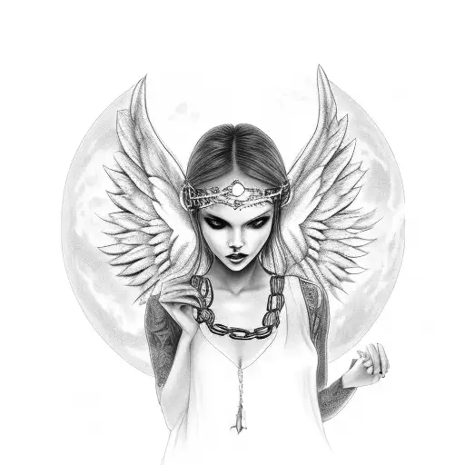 angel has chains on her hands, angel is the moon light, there is littlebit of smoke, angel has halo on top of her head tattoo design idea