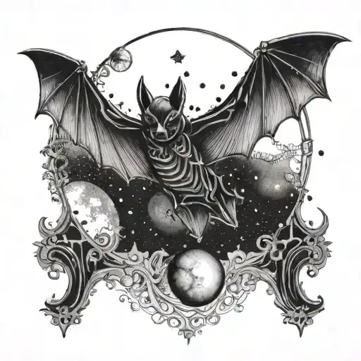 A gothic inspired tattoo of a bat in flight, with intricate dotwork details and a moon in the background tattoo design idea