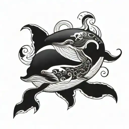 two killer whalles swimming over a yin yang tattoo design idea