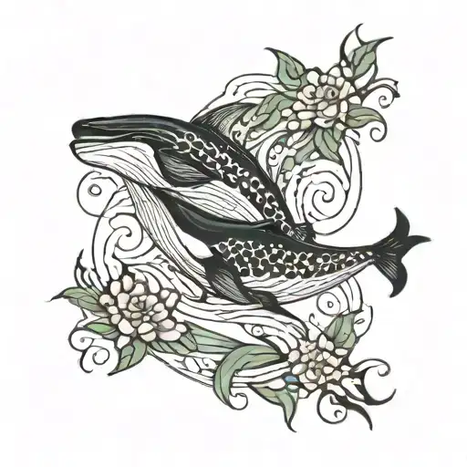 two killer whalles swimming over a yin yang tattoo design idea