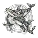 two killer whalles swimming over a yin yang tattoo design idea