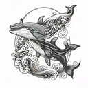 two killer whalles swimming over a yin yang tattoo design idea