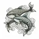 two killer whalles swimming over a yin yang tattoo design idea