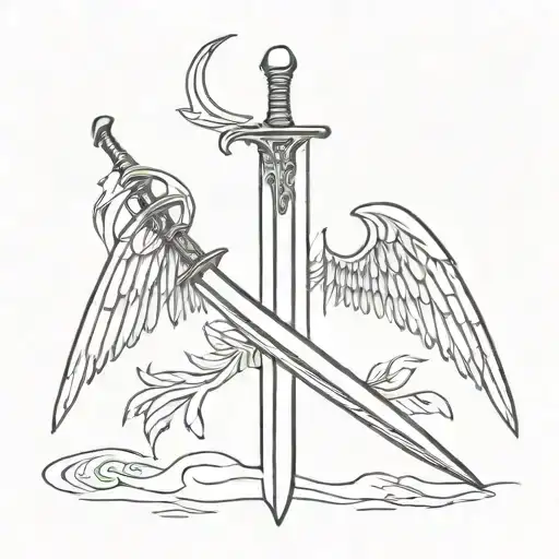Long sword on the back with wings going to the shoulders tattoo design idea