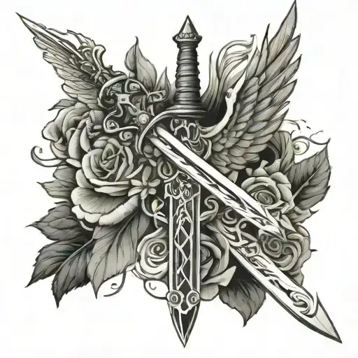 Sword going down the back with wings to the shoulders.  Not much details on the sword.  Very long tattoo design idea