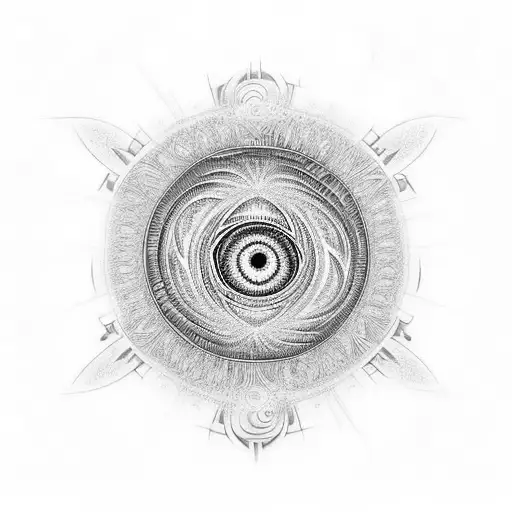 alex grey inspired fractal sleeve of eyes tattoo design idea