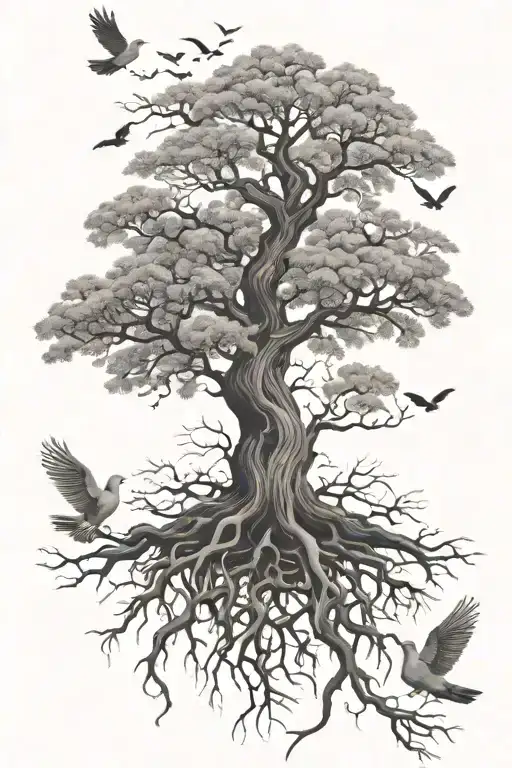 Oak tree with roots each branch representing different aspects 7 doves flying out top tattoo design idea