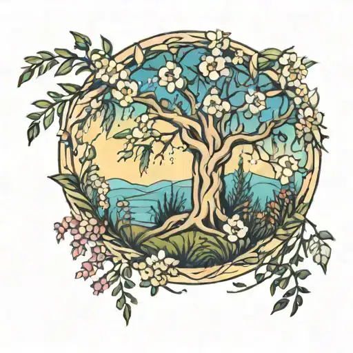 willow tree surrounded by wild flowers blooming tattoo design idea