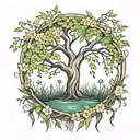 willow tree surrounded by wild flowers blooming tattoo design idea