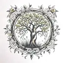 willow tree surrounded by wild flowers blooming tattoo design idea