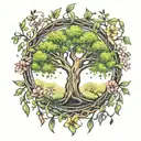 willow tree surrounded by wild flowers blooming tattoo design idea