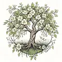 willow tree surrounded by wild flowers blooming tattoo design idea