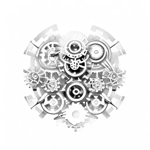 A silhouette of a mechanical engineer surrounded by gears and tools, with a soaring bird representing freedom tattoo design idea