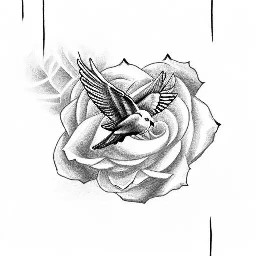 cross in a rose field with clouds opening up a sunset and a dove flying around  tattoo design idea