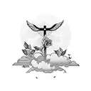 cross in a rose field with clouds opening up a sunset and a dove flying around  tattoo design idea