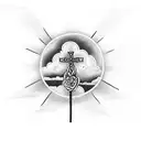 cross in a rose field with clouds opening up a sunset and a dove flying around  tattoo design idea