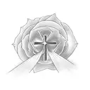 cross in a rose field with clouds opening up a sunset and a dove flying around  tattoo design idea