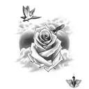 cross in a rose field with clouds opening up a sunset and a dove flying around  tattoo design idea