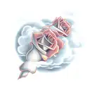 cross in a rose field with clouds opening up a sunset and a dove flying around  tattoo design idea