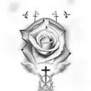 cross in a rose field with clouds opening up a sunset and a dove flying around  tattoo design idea