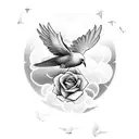 cross in a rose field with clouds opening up a sunset and a dove flying around  tattoo design idea